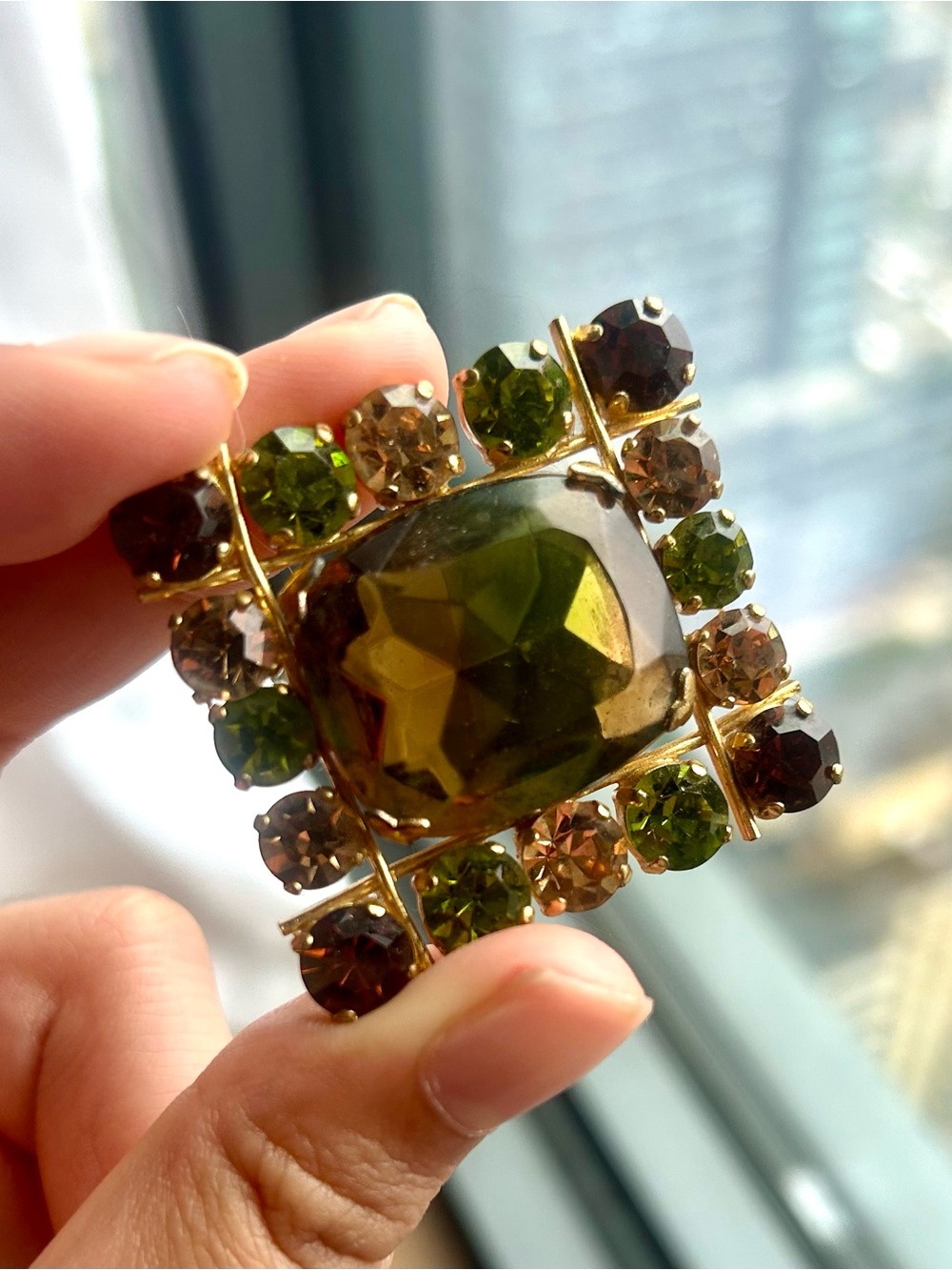 Gold-Tone Olive Green Cluster Brooch with Multitone Crystals